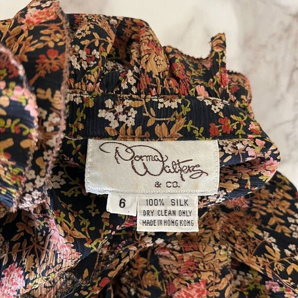 Vintage Norma Walter Women's Size 4 Floral Crepe Silk Ruffle Midi Dress Peasant - Picture 2 of 14